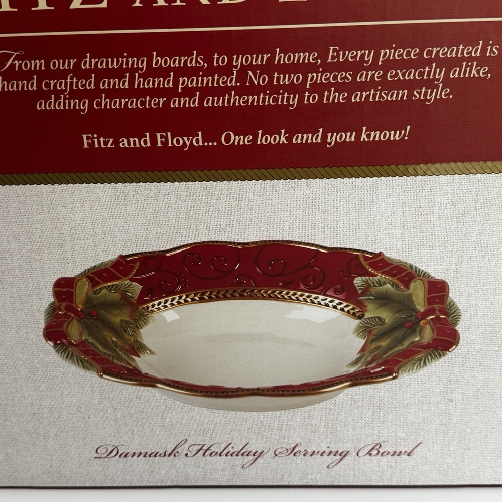 FITZ And FLOYD Damask Holiday Serving Oval Bowl Dish Red Green Christmas Bows